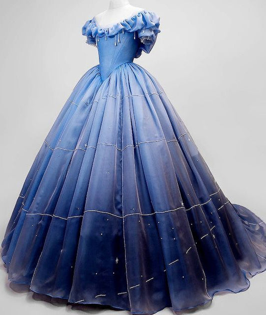 Blaues Kleid im Retro-Palaststil: Tüllstoff, Sternenverzierung, luxuriöses Partykleid NV6433