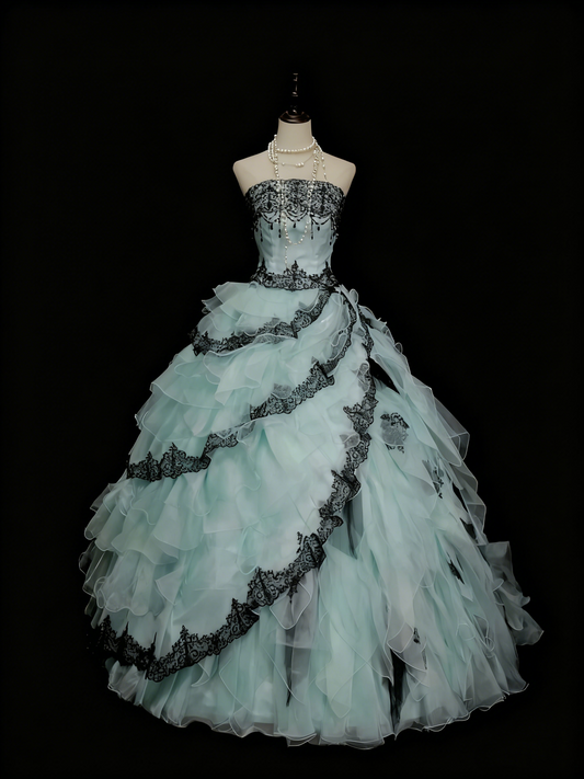 NiceVestidos – Mintgrünes, schwarzes, trägerloses, ärmelloses, bodenlanges Vintage-Abendkleid mit Spitzeneinsätzen NV6205