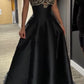 Luxuriöses, perlenbesetztes Abendkleid im Palaststil mit Spaghettiträgern | Schwarzes Satin-Maxikleid mit Schleppe für Galas, Preisverleihungen und exklusive gesellschaftliche Anlässe NV6270