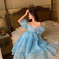 Blaues Chiffonkleid mit kurzen Ärmeln und Puffärmeln, kurzes Homecoming-Kleid, Ballkleid, Abendkleid, Partykleid, nv4165