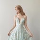 Mint Green Strapless Deep V Prom Gown Vertical Sequin Beading 3D Flower A Line Evening Dress  NV7154