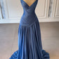 Blaues, modisches, elegantes, langes Satinkleid mit Rüschen und Strass-Trägern, Ballkleid, Abendkleid, Partykleid, NV5119