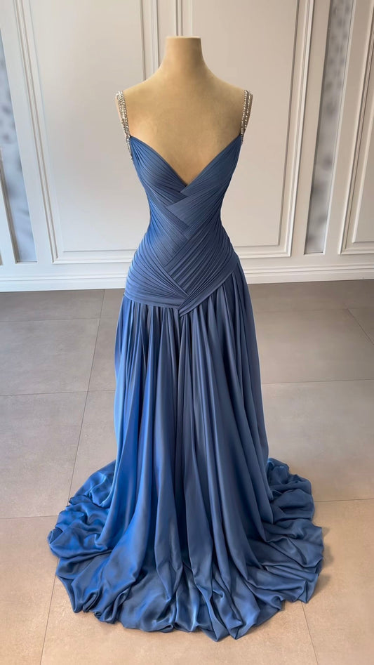 NiceVestidos-_ Evening Gown Blue Satin Floor-Length Evening Gown NV5951