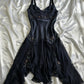 Marineblaues, dunkles, kurzes Vintage-Satin-Heimkehrkleid, nv5352