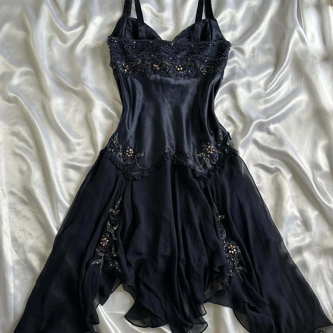Marineblaues, dunkles, kurzes Vintage-Satin-Heimkehrkleid, nv5352
