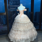 Off Shoulder Light Pink Princess Prom Dress Puff Sleeve Lace Tiered Tulle Ball Gown With Big Bow  NV6987