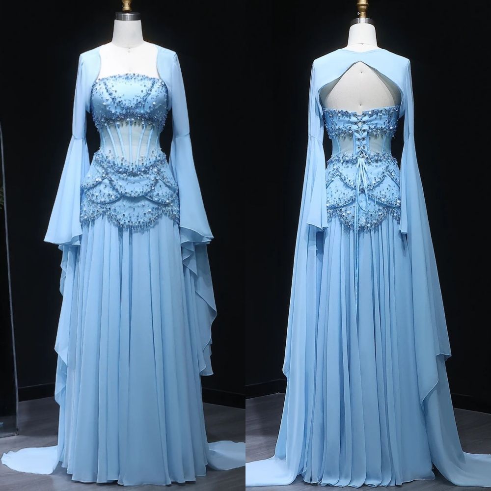 Fairy Luxury Court Style Hellblaues, perlenbesetztes, transparentes Abendkleid mit Schleppe – Hochzeits- und Ballkleid im Ozean-Stil NV6382
