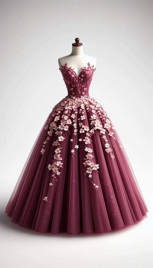 NiceVestidos-Pinkes, zartes, langes Tüll-Ballkleid mit Blumenmuster NV6133