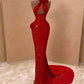 Red shiny sequins V-neck three-dimensional flowers long sexy elegant trailing ball gown evening dress nv3275