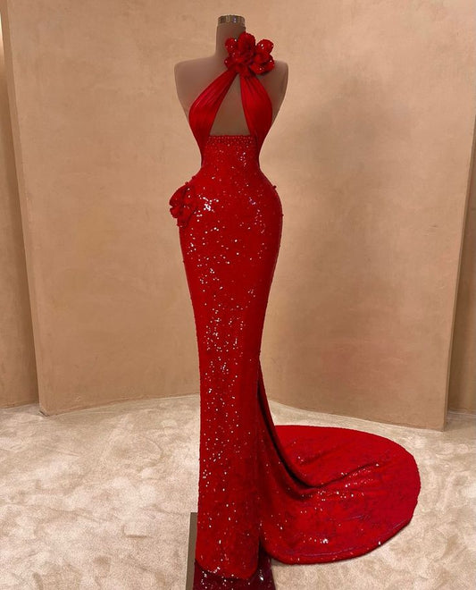 Red shiny sequins V-neck three-dimensional flowers long sexy elegant trailing ball gown evening dress nv3275