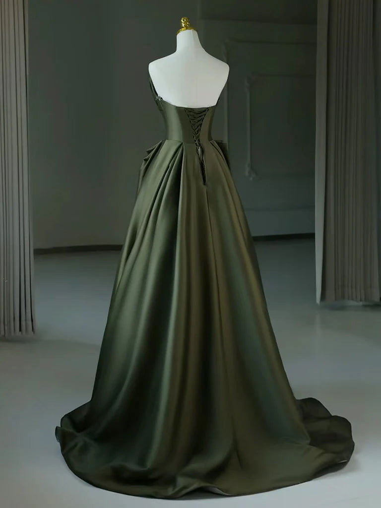 Robe de bal longue en satin vert à col en V et coupe trapèze, robe de soirée longue verte nv1604