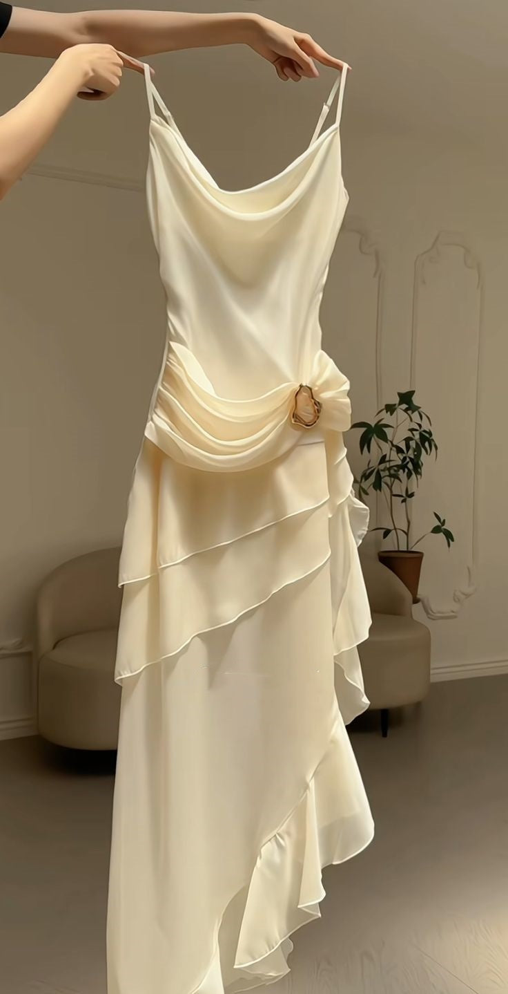 White vintage light spaghetti straps long ruffled chiffon ball gown evening dress party dress nv3479