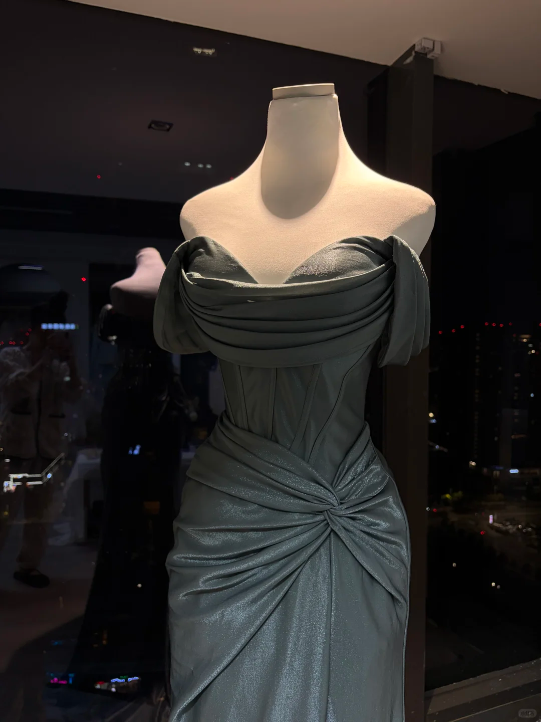 Dusty Teal Strapless Satin Mermaid Evening Dress, Draped Neck Corset Gown with Twist Waist Detail  NV7093