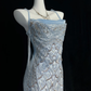 1920s Gatsby Style Ice Blue Spaghetti Straps Midi Formal Dress Heavy Hand Beading Geometric Scale Pattern With Side Ribbons  NV6889