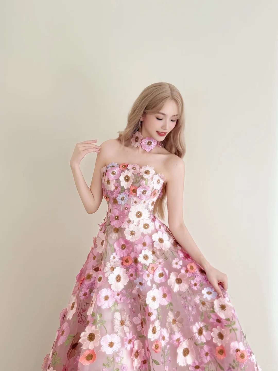 Pink 3D Floral Halter Prom Gown Tulle A-Line Formal Dress  NV7171