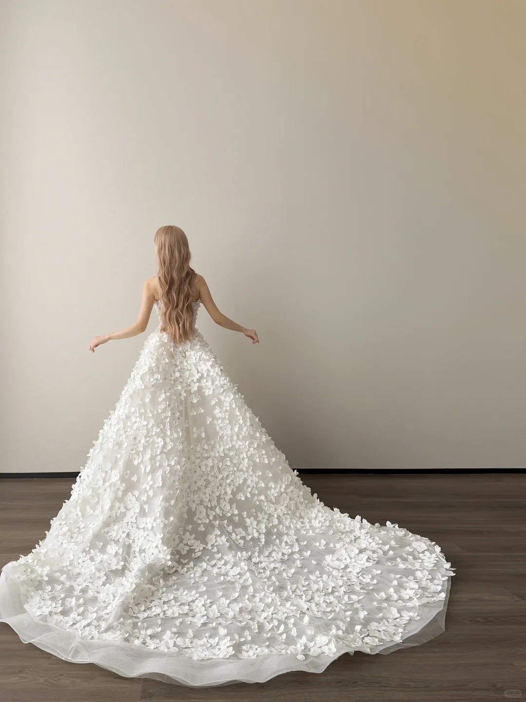 White 3D Floral Strapless Ball Gown Wedding Dress Cathedral Train  NV7134