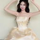 Champagne Strapless Bow Satin Ball Gown Prom Dress  NV7434