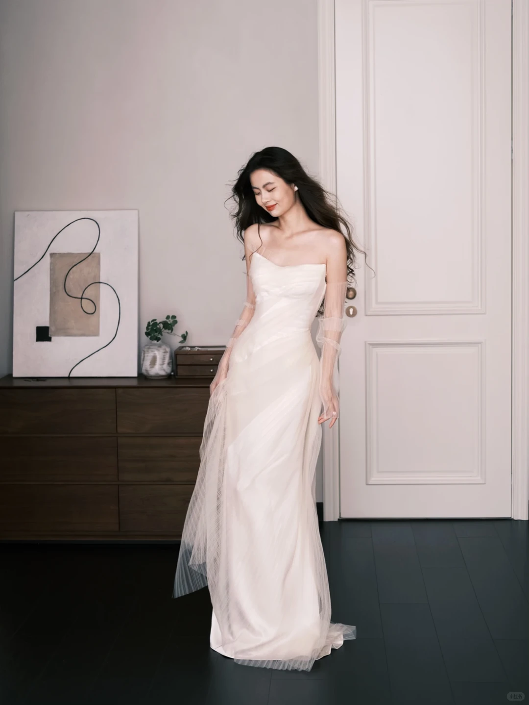 Strapless Satin Minimalist Wedding Dress, Ivory Bridal Gown with Tulle Sleeves  NV7281