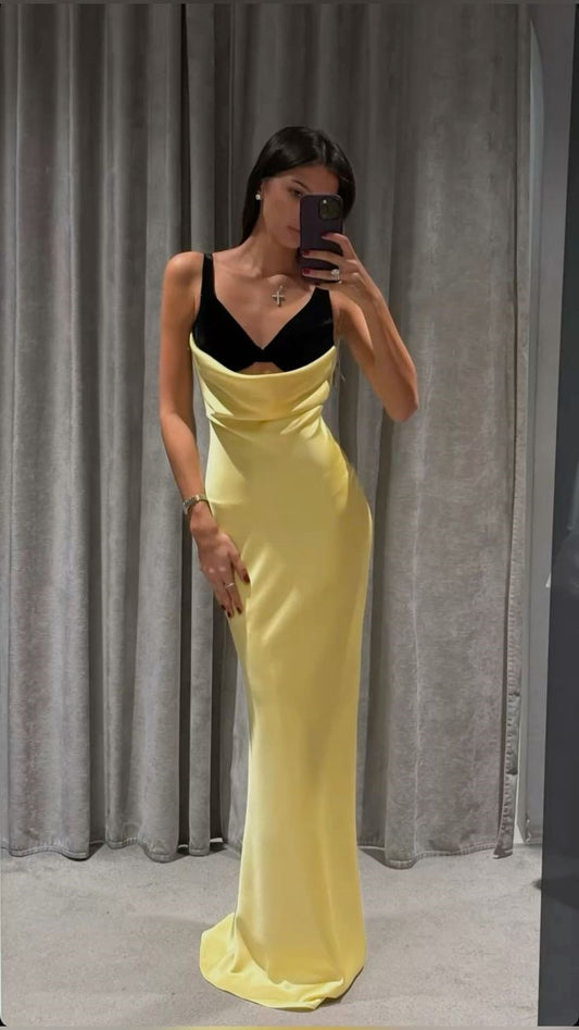 Robe de soirée longue en satin jaune élégante et tendance nv3521