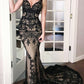 Sexy Brautkleid im Gothic-Stil mit Spaghettiträgern und Spitze | Schwarzes Tüll-Maxikleid mit Meerjungfrauen-Schleppe in Nude für Gala-Partys, Red Carpet und Retro-Events (NV6264)