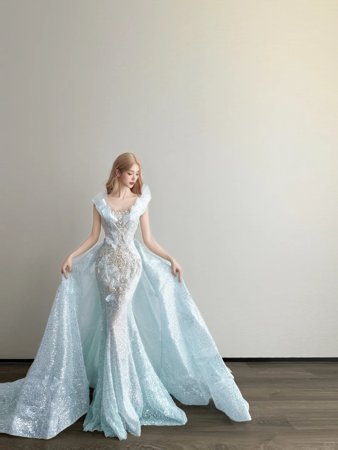 Ice Blue V Neck Prom Gown Ruffle Shoulder Beaded Sequin Mermaid Long Train Evening Dress  NV7161