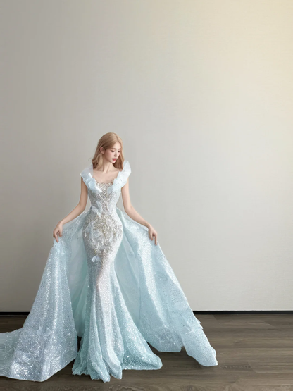 Ice Blue V Neck Prom Gown Ruffle Shoulder Beaded Sequin Mermaid Long Train Evening Dress  NV7161