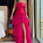 Hot Pink Elegant Charming Cute Sweetheart A-Line Off-the-shoulder Ball Gown Layered Tulle Long Slit Formal Dress Prom Dress Evening Dress Party Dress nv2501