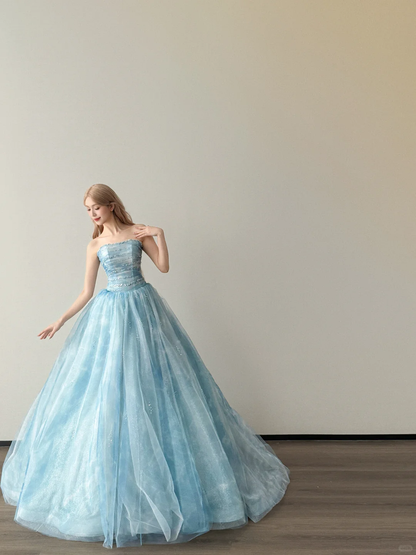Ice Blue Strapless Glitter Tulle Ball Gown Prom Dress With Beading  NV7139