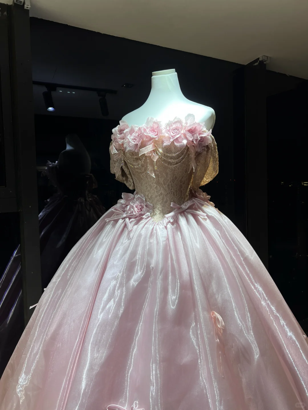 Pink Off Shoulder Organza Ball Gown, Lace Corset Dress with 3D Rose Flowers and Handmade Bows  NV7095