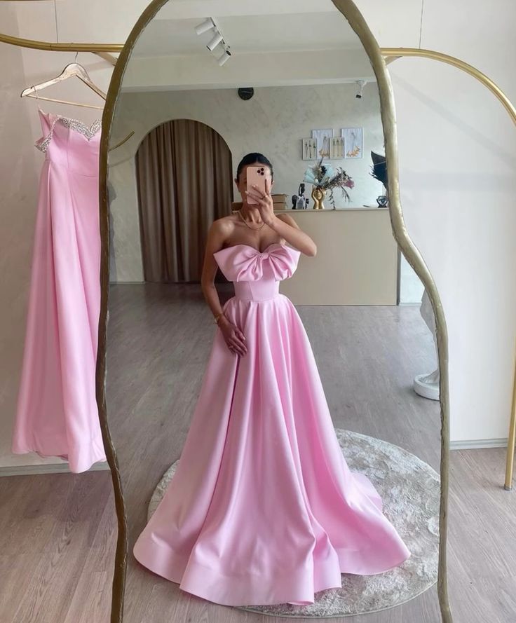 Pink Bow Simple Long Ball Gown Evening Dress Wedding/Birthday Party Dress A-Line Off Shoulder Sleeveless Satin Women's Dress nv3054