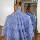 Robe de bal longue bleue en tulle et dentelle à col en V, robe de soirée longue bleue nv1500
