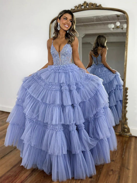 A-Linie V-Ausschnitt Tüllspitze Blau Langes Ballkleid, Blaues langes Abendkleid nv1500
