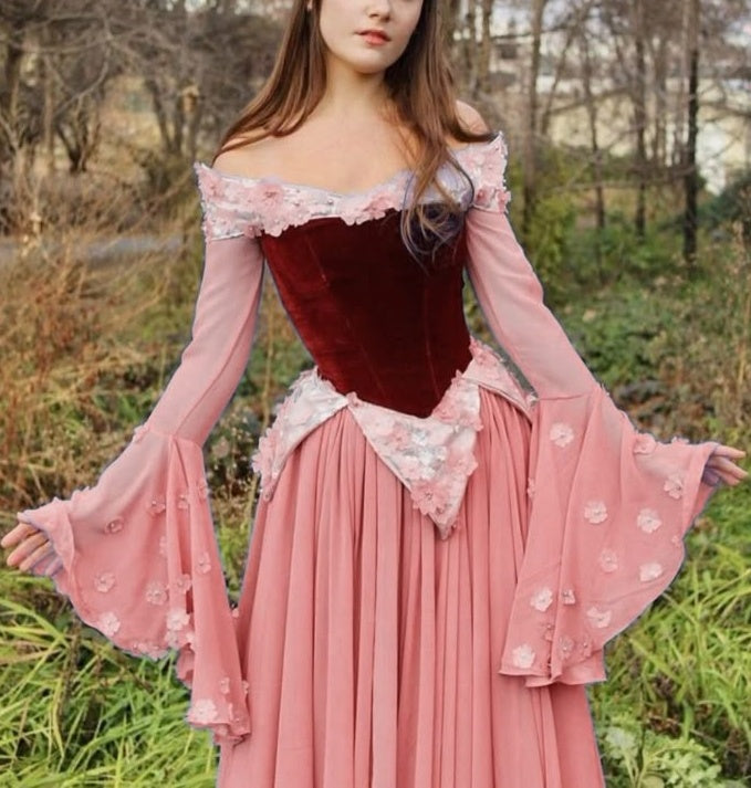 NiceVestidos – Rosa/Blaues langärmeliges Samt-Tüllkleid NV6005