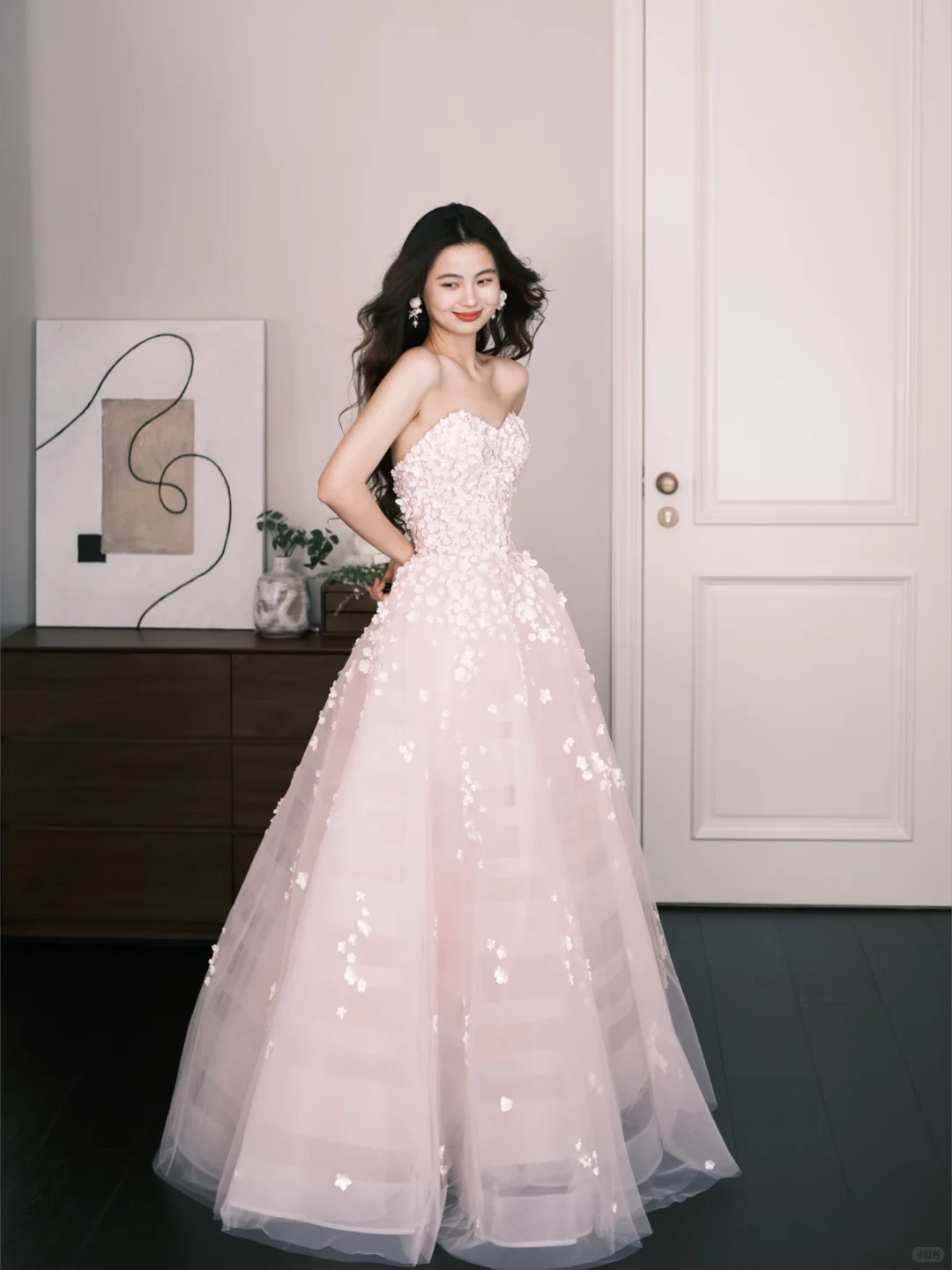 Sweetheart Strapless Pink Tulle Ball Gown, 3D Flower Beaded Princess Prom Dress  NV7305