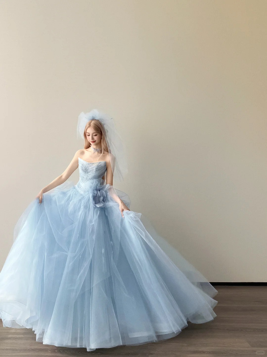 Light Ice Blue Strapless Prom Gown Beaded 3D Flower Multi-Layer Tulle A Line Evening Dress  NV7150
