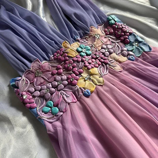 NiceVestidos – Gradient Homecoming-Kleid, Lila, Rosa, modisch, Gradient, exquisites Blumenmuster, kurzes Chiffon-Blumenfeenkleid, Elfenkleid, Nv5582