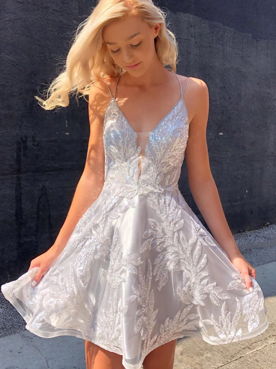 Robe de soirée courte en satin à perles et col en V argentée, robe de bal de fin d'année, robe de soirée nv2077