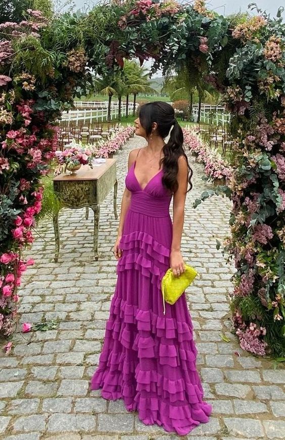 Lila Mode V-Ausschnitt lang elegant Chiffon Rüschen Ballkleid Abendkleid Abschlussfeier Kleid Hochzeitsgast Kleid nv3602