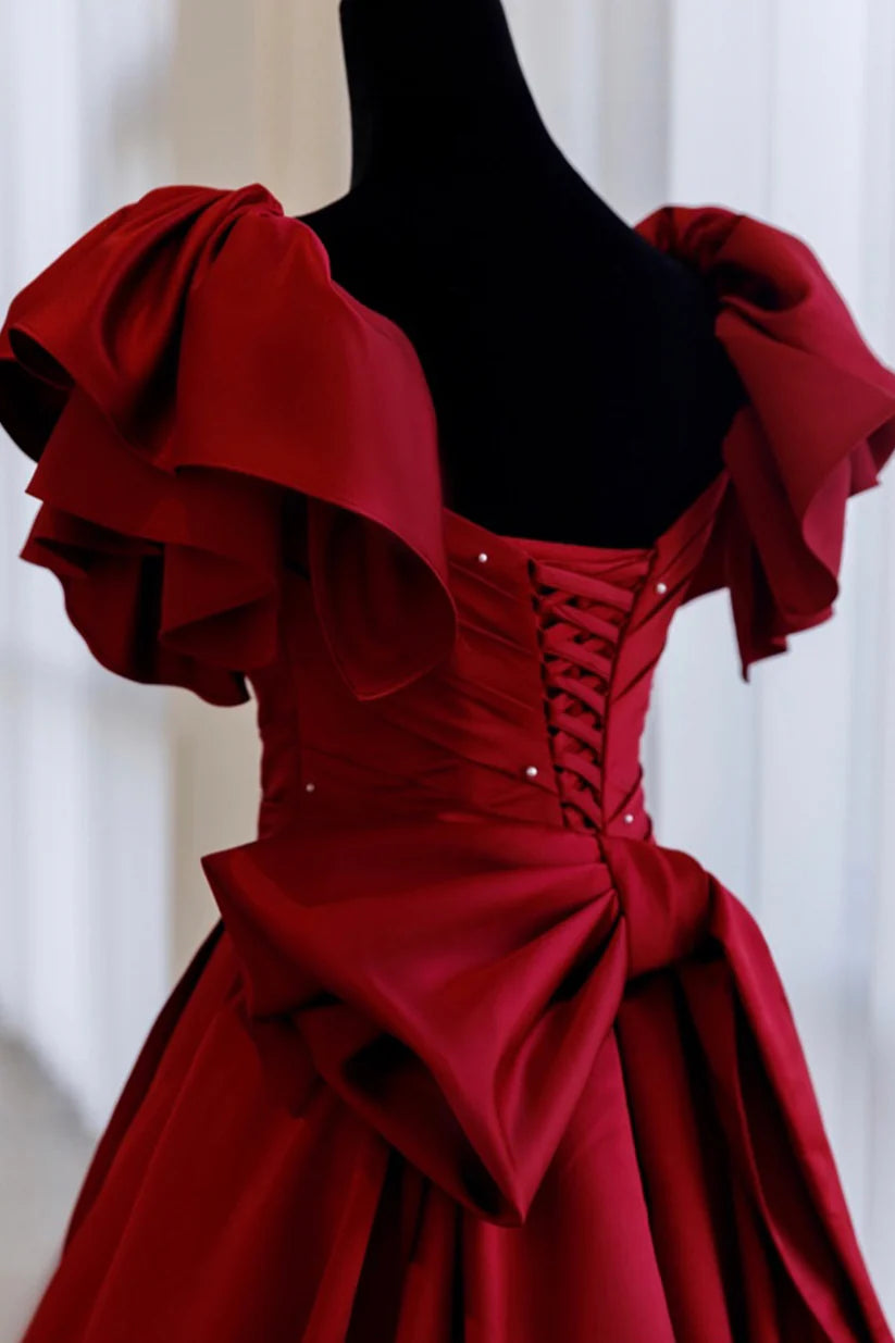 Robe de soirée longue en satin bordeaux coupe trapèze nv1966