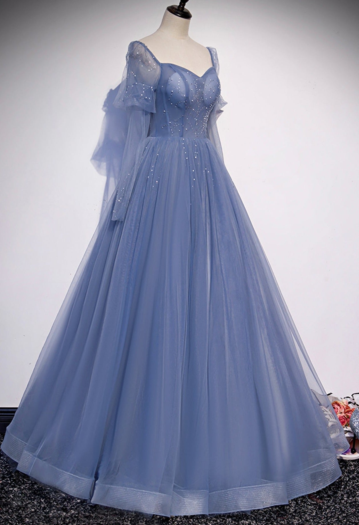 Langes Ballkleid in A-Linie aus blauem Tüll, Abendkleid nv1700