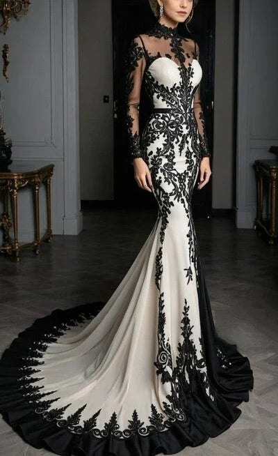 Robe de soirée baroque de style cour, en dentelle noire et blanche transparente, col montant, manches longues et traîne sirène - Robe haut de gamme pour dîner et bal NV6336