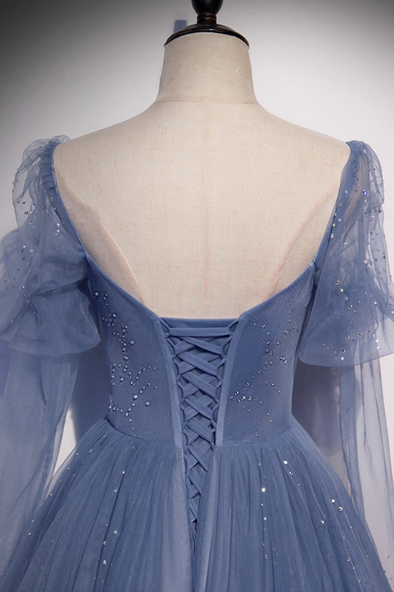 Langes Ballkleid in A-Linie aus blauem Tüll, Abendkleid nv1700
