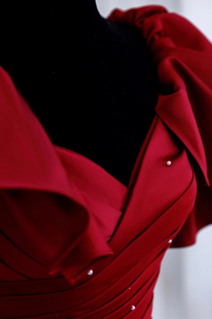 Robe de soirée longue en satin bordeaux coupe trapèze nv1966