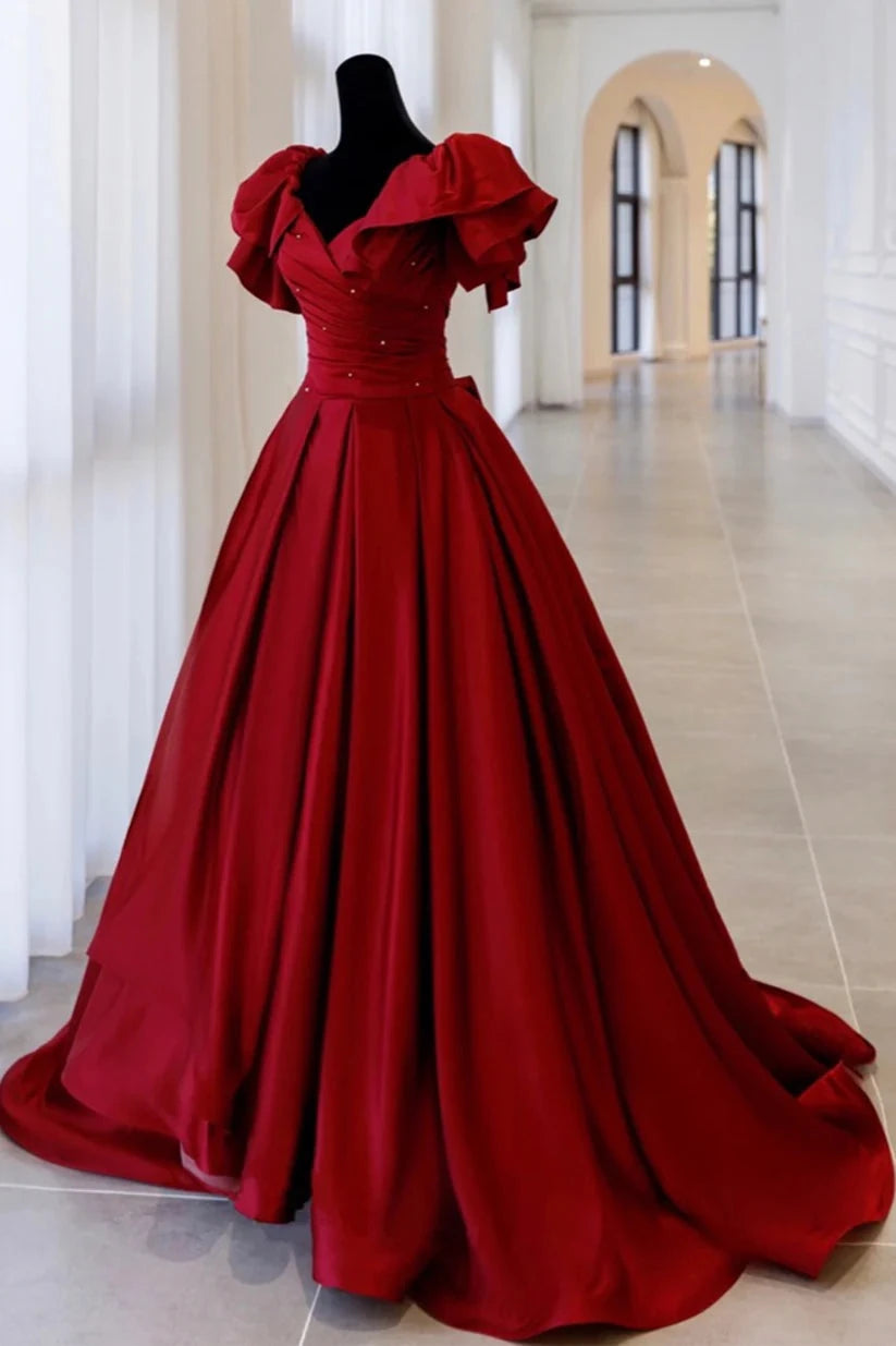 Robe de soirée longue en satin bordeaux coupe trapèze nv1966