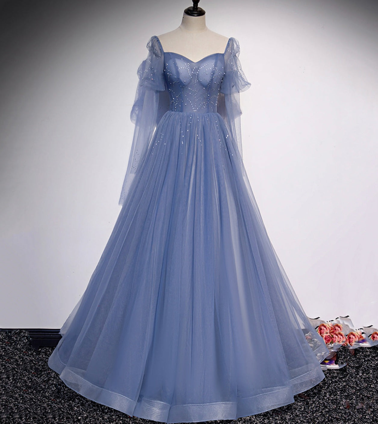 Langes Ballkleid in A-Linie aus blauem Tüll, Abendkleid nv1700