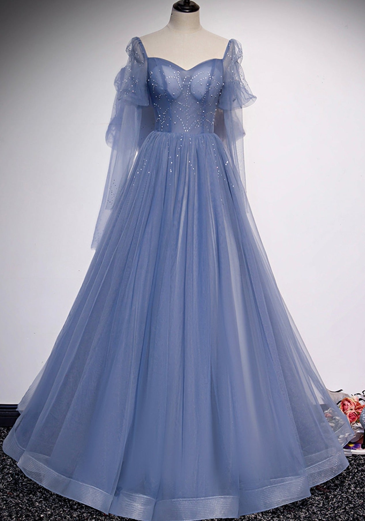 Langes Ballkleid in A-Linie aus blauem Tüll, Abendkleid nv1700