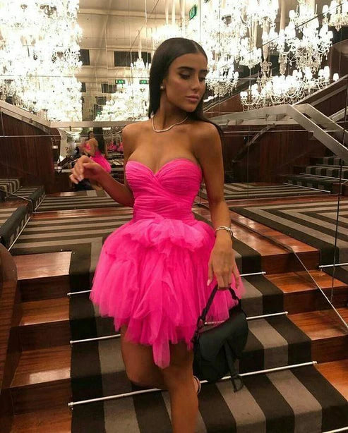 Heißes Rosa Herzausschnitt Tüll Kurzes Homecoming Kleid Abschlusskleid Partykleid nv2217