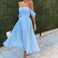 Himmelblaues Chiffon A-Linien-Midikleid mit schulterfreien Ärmeln, Partykleid, nv2235