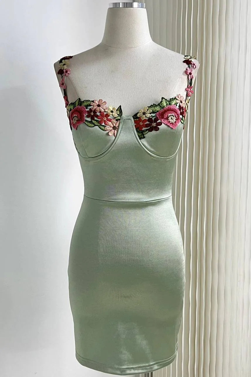 Robe de soirée courte en satin vert sauge, élégante et délicate, avec broderie florale, robe de bal, robe de soirée, robe de bal nv4035