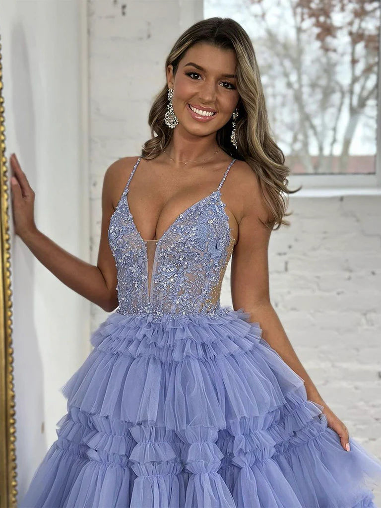 Robe de bal longue bleue en tulle et dentelle à col en V, robe de soirée longue bleue nv1500